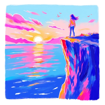 A person is standing on a rugged cliff, facing the horizon. They have medium-length hair that blows gently in the wind. The person is wearing a light jacket and jeans. Their arms are relaxed at their sides as they gaze at the sky where the sun is beginning to rise. The horizon is painted with vibrant colors of orange, pink, and soft yellow. Below the cliff, there is a vast ocean reflecting the colors of the sunrise, and a few birds are flying in the distance.