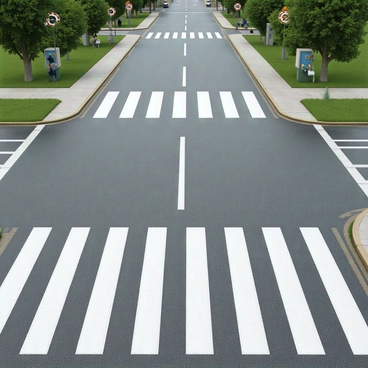 A zebra crossing on a street, featuring alternating black and white stripes. The stripes are wide and clearly defined, extending across the road from one sidewalk to the other. The surface of the road shows a slight sheen, indicating recent rain, while the surrounding area includes grass and a few pedestrians waiting to cross. Traffic signs and nearby trees are visible in the background, adding depth to the scene.