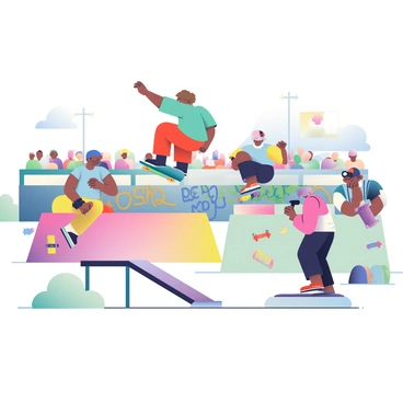 Skaters performing tricks at a bustling skatepark in comic style