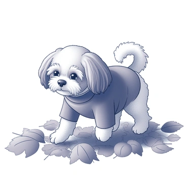 A Shih Tzu walking through a pile of colorful autumn leaves with a cozy sweater