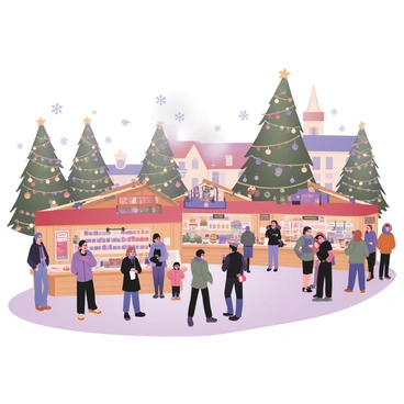 A digital flat illustration depicting a bustling Christmas market in Dortmund. The market is filled with numerous wooden stalls decorated with colorful holiday ornaments and twinkling lights. Each stall features festive items such as handmade crafts, ornaments, and warm food items. People are gathered around, some enjoying steaming cups of mulled wine, while others are browsing the stalls. There are large Christmas trees adorned with bright decorations and lights in the background. Snowflakes are gently falling from the sky, adding to the winter atmosphere. The scene is lively, filled with the warmth and joy of the holiday season.