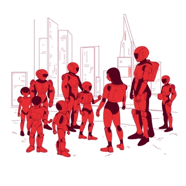 A red group of modern robots with various designs stands together in a white futuristic setting. The robots feature sleek metallic bodies, glowing accents, and different shapes, showcasing a range of sizes from small, compact units to larger, humanoid figures. In the background, there are tall, white buildings with angular architecture, and the ground is smooth and reflective. Some robots are interacting with holographic displays, while others are observing their surroundings. The atmosphere feels advanced and high-tech.