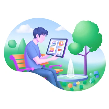 A person sitting on a park bench, holding a tablet and reviewing art pieces displayed on its screen. The individual has short, dark hair, wearing a casual blue shirt and jeans. Surrounding the bench are lush green trees and colorful flower beds, providing a vibrant park atmosphere. In the background, a clear blue sky can be seen, with a few fluffy white clouds drifting by. A nearby fountain gently sprays water, adding to the serene environment.