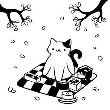 A cat sitting on a picnic blanket, surrounded by scattered cherry blossom petals. The cat has a playful posture, with its tail curled behind it. Several bento boxes are arranged around the cat, each filled with different food items. A few sakura branches are visible overhead, their blossoms gracefully hanging down. The picnic blanket has a checkered pattern and there are small plates with sushi and fruit placed on it. A light breeze stirs the petals in the air, creating a serene atmosphere.
