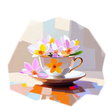 A delicate tea cup resting on a wooden table, featuring vibrant freesia illustrations wrapping around its porcelain surface. The cup is elegantly shaped with a thin handle, and the freesia blooms are depicted in various shades of pink, yellow, and white. A small saucer accompanies the tea cup, complementing the intricate floral design. Soft natural light illuminates the scene, highlighting the fine details of the cup and the lively colors of the flowers.