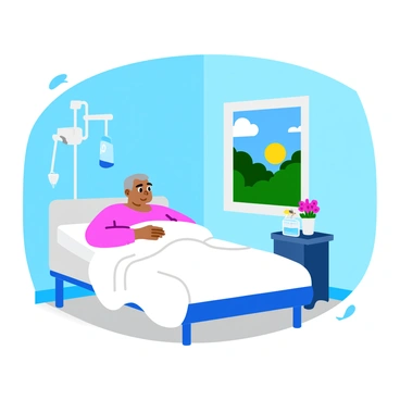 A hospital room with light blue walls and a white bed. A patient, a middle-aged man, is resting comfortably under a white blanket, with a slight smile on his face. An IV stand is beside the bed, with a clear bag of fluid hanging. A window on the far wall showcases a sunny day outside, with bright sunlight streaming in. Through the window, green trees and a clear blue sky are visible, contributing to the cheerful atmosphere of the room. A small nightstand next to the bed holds a vase of fresh flowers and a book.