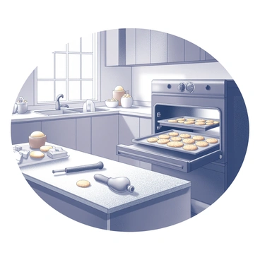 A kitchen scene with cookies baking in the oven and flour dusting the counter