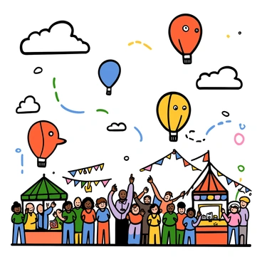 A vibrant festival scene with a sky filled with hot air balloons shaped like "Magikarp". The balloons are in various bright colors, including orange, blue, and yellow, and they float gracefully among fluffy white clouds. Below, a crowd of festival-goers in colorful clothing are looking up in awe, some pointing at the balloons. The ground is adorned with festive decorations, including streamers and banners. There are food stalls with colorful canopies, offering treats to the cheerful visitors.