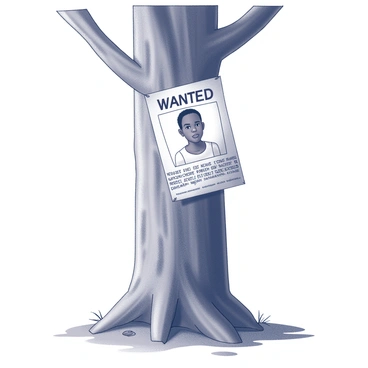 A tree with a rough, textured bark stands prominently in the scene. Attached to its trunk, a weathered piece of parchment serves as a "wanted poster." The poster features a detailed illustration of a runaway slave, showing distinct physical features such as short hair and wearing simple clothing. Below the illustration, bold text declares a reward for their capture. The surrounding area includes scattered leaves and a faint outline of a grassy ground, emphasizing the isolation of the poster in the forested setting.