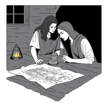 Rahab, with long flowing hair, is leaning in closely with two spies in a dimly lit room. Rahab is wearing a simple yet elegant garment, and the spies are adorned in travel-worn clothes, their expressions serious and focused. A small wooden table in front of them is covered with parchments and an intricately detailed map showing the city layout. The walls of the room are made of rough stone, and a single lantern casts warm light, creating shadows that enhance the atmosphere of secrecy. Each character is positioned closely, deep in discussion about their next move.