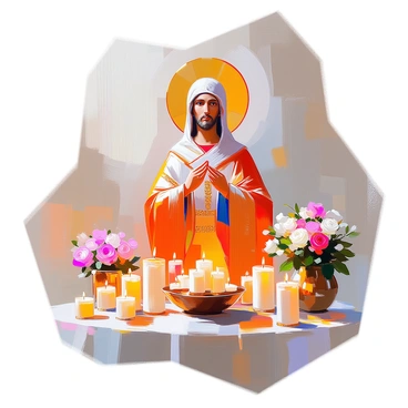 A painted icon of a saint with "a golden halo" prominently displayed above their head. The saint is depicted wearing "traditional robes" richly decorated with intricate patterns. The background is filled with "soft, warm colors" that enhance the reverent atmosphere. Surrounding the icon, "numerous candles" flicker gently, casting a soft light and creating an ambiance of devotion. The candles are placed in "small holders" and "bouquets of flowers" can be seen among the offerings, adding a touch of color and life to the scene.