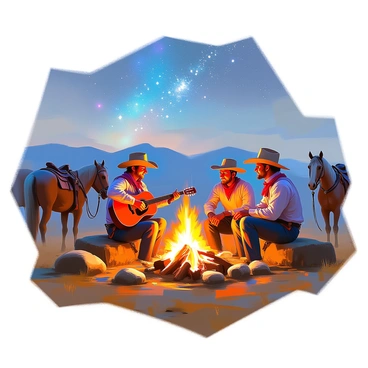 A group of three cowboys with weathered faces and worn clothing is sitting around a campfire. The flickering flames cast warm light on their surroundings. One cowboy is playing a guitar, while the others are leaning back against their saddles, listening intently. In the background, a vast expanse of stars twinkles brightly against the deep blue night sky. The silhouettes of distant mountains are visible, adding depth to the scene. The ground is scattered with patches of dry grass, and a few horses are tethered nearby, grazing quietly. The atmosphere is relaxed and the moment feels timeless.