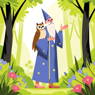Merlin, an elderly man with a long white beard and a pointed blue hat, stands in a lush green forest filled with tall trees and colorful flowers. He wears a long flowing robe adorned with stars and moons, blending harmoniously with the magical surroundings. Perched on his shoulder is a large wise owl, its feathers a mix of browns and creams, with big, round eyes that seem to hold ancient knowledge. Sunlight filters through the leaves, casting dappled shadows on the forest floor around them. A gentle breeze rustles the leaves, adding to the enchanting atmosphere of the scene.