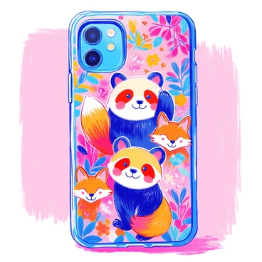 A phone case design features several "adorable cartoon animals." Prominently displayed are "pandas" with large round eyes and playful expressions. Alongside them are "foxes" with bushy tails and cheeky grins. The background is filled with vibrant colors and playful patterns, enhancing the overall charm of the design. The animals are arranged in a repeated pattern, creating a lively and engaging look for the phone case.