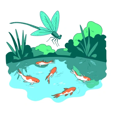 A teal dragonfly with iridescent wings is hovering just above the surface of a pond. The pond is surrounded by lush greenery, with reflections of the plants shimmering on the water. Below the surface, several orange and white koi fish are swimming, their fins gently moving as they curiously watch the dragonfly. The water is slightly rippled where the dragonfly hovers, creating a dynamic interaction between the two creatures.