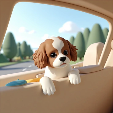 A cavapoo, with curly brown and white fur, is sitting on the backseat of a car. It has its paws resting on the window, gazing outside with bright, curious eyes. The dog's ears are flopping slightly as a gentle breeze flows through the open window. In the background, the blurred scenery of green trees and blue skies suggests a countryside road. The interior of the car features a cozy beige upholstery, and there are a few scattered toys on the seat next to the dog. The sunlight filters through the window, casting a warm glow on the cavapoo's fur.