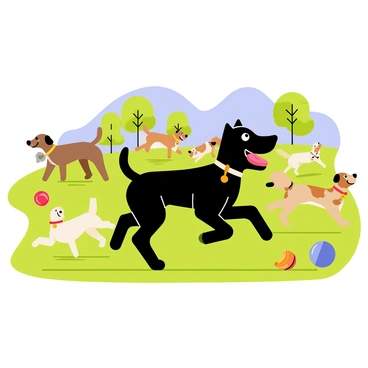 A cheerful black dog with a shiny coat is running joyfully at a dog park. The dog has perked ears and a wagging tail, showcasing its excitement. Surrounding the black dog, there are several other dogs of various breeds and sizes, some playing chase and others engaged in friendly wrestling. Green grass covers the ground, and a few colorful toys are scattered around, including a bright red ball and a blue frisbee. In the background, there are trees providing shade and a clear blue sky above.