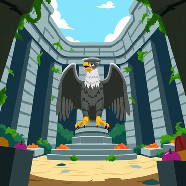 A massive stone statue of a thunderbird standing in the center of an ancient temple