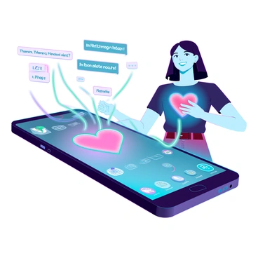 A modern smartphone with a sleek design displays various colorful icons and notifications, showcasing positive messages in bright, cheerful fonts. These messages are visually represented as vibrant, glowing lines of energy flowing out of the smartphone. The lines weave gracefully through the air, heading towards an individual. The person has a warm expression, with light skin and medium-length hair, dressed in casual clothing. Their heart is illuminated, showing a radiant glow where the messages are converging, symbolizing the impact of the uplifting words. The surrounding environment is softly lit, emphasizing the connection between the smartphone and the person's heart.