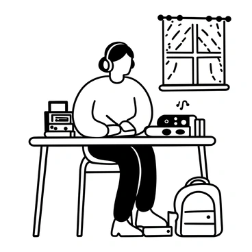 A student sitting at a wooden desk, wearing headphones, focused on taking notes with a pen on a notepad. The desk is cluttered with books and stationery. There is a backpack on the floor next to the chair, and a window in the background shows a hint of patterned curtains. A music player rests on the desk, with sound waves illustrated emanating from the headphones.