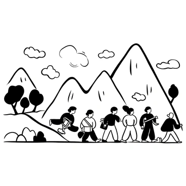 A figure of Buddha walking at the forefront, surrounded by a diverse group of followers. The followers are walking in a line, each carrying simple bags. The mountain landscape features tall peaks with intricate rock formations and scattered trees. Wispy clouds float above the mountains, creating a sense of depth. The ground is uneven, with rocks and patches of grass visible along the path they are taking. The sky is vast, with a hint of a rising sun illuminating the scene.