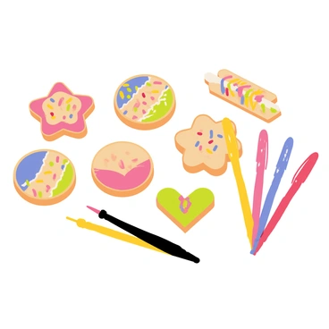 A variety of cookies on a flat surface, each in different shapes like stars, hearts, and circles. The cookies are decorated with thick layers of colorful icing in shades of pink, blue, yellow, and green. Brightly colored sprinkles are scattered on top of the icing, adding texture and vibrancy. Some cookies have intricate designs, while others showcase simple patterns. Decorative piping bags filled with different colors of icing are positioned nearby, ready for use. The scene is vibrant and inviting, showcasing the joy of cookie decorating.