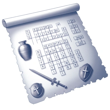 An ancient parchment laid out flat on a textured surface. The parchment is weathered, with frayed edges and faded ink, showcasing a crossword puzzle grid filled with letters. Each clue is accompanied by intricate illustrations of various historical artifacts, such as a Roman amphora, a Viking sword, an Egyptian ankh, and a medieval shield. The artifacts are rendered with fine, detailed lines, capturing their unique features and textures. The overall composition emphasizes the contrast between the delicate parchment and the boldness of the illustrations, creating a sense of age and history.