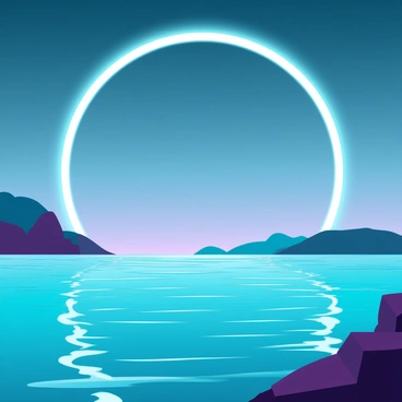 A solar eclipse in progress, with a darkened moon partially obscuring the bright sun. The scene captures the moment when the eclipse is at its peak, creating a halo of light around the edges of the moon. The calm ocean waters below reflect this celestial phenomenon, mirroring the dramatic contrast of light and shadow in the sky. Gentle waves ripple across the surface of the water, creating a shimmering effect that enhances the beauty of the eclipse above. The surrounding landscape is characterized by silhouettes of distant mountains and a clear sky transitioning from daytime blue to twilight hues.