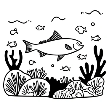 A tarpon swimming gracefully through a detailed coral reef. Various shapes and sizes of coral formations are present, with intricate textures visible. Numerous tropical fish of different species are scattered around, darting among the coral. The scene captures the dynamic movement of the tarpon and the surrounding marine life, creating a vibrant underwater environment.