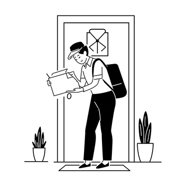 A postman wearing a uniform with a cap is standing at a doorstep. He has a backpack slung over one shoulder and is holding a large parcel with both hands. The door in front of him is wooden with a small decorative window. Surrounding the doorstep, there are potted plants and a welcome mat placed in front of the door. The postman is looking down at the parcel as he prepares to set it down.