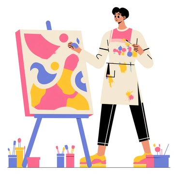 An artist standing in front of a large canvas, holding a paintbrush with vibrant, bold colors on the palette. The canvas features swirling abstract forms and shapes that represent various emotions, blending bright reds, deep blues, and sunny yellows. The artist is wearing a paint-splattered apron and has a focused expression, surrounded by pots of paint and brushes scattered around on the floor. Various brushes in different sizes are held in the artist's other hand, ready to add more detail to the expressive artwork.