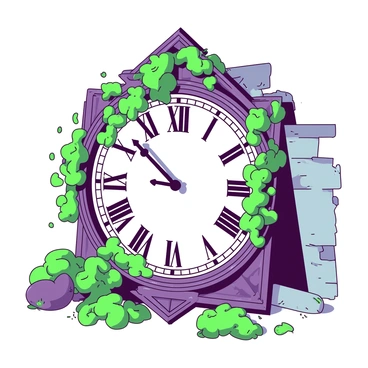 A large, ornate antique clock with intricate designs is positioned in the center of the image. The clock is covered in vibrant green vines and patches of soft, dark moss, giving it a sense of age and neglect. The clock face displays Roman numerals, and the hands are frozen, indicating a specific moment in time. Behind the clock, there are faint hints of a weathered wall, suggesting a historic setting. The overall atmosphere reflects a connection to past eras.