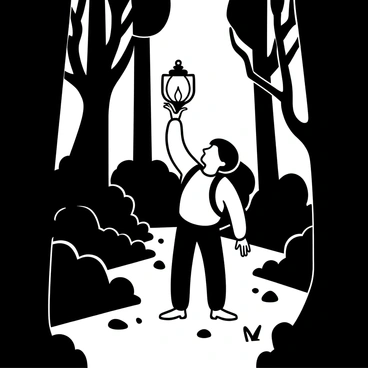 A hiker wearing a backpack is holding an oil lamp raised high, casting light over a narrow forest path. Tall trees with gnarled branches frame the path, their silhouettes stark against the darkness. The ground is uneven with rocks and roots, and small shrubs line the edges. Shadows loom in the background, creating an atmosphere of mystery. The hiker's silhouette is contrasted sharply with the glowing oil lamp, which illuminates the immediate surroundings.