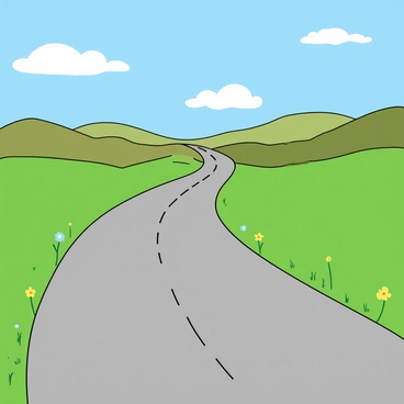 A long, winding road with a smooth gray surface stretches into the horizon, flanked by lush green grass on both sides. The road curves gently, creating a sense of depth and distance. The sky above is bright blue with fluffy white clouds scattered throughout. There are rolling hills in the background, painted in varying shades of green and brown. The scene is tranquil, showcasing the beauty of nature without any cars or people in sight. A few wildflowers dot the edges of the road, adding pops of color to the landscape.