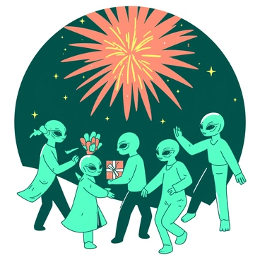A group of teal aliens of various species are gathered in a vibrant scene, celebrating a cosmic festival in the vastness of space. Each alien has distinct features, such as multiple eyes, unique skin textures, and varying forms, showcasing diversity. They are joyfully interacting, some dancing while others exchanging colorful gifts. Above them, a mesmerizing display of orange fireworks bursts against the dark expanse, illuminating the scene with brilliant colors. In the background, stars twinkle, adding to the festive atmosphere of the cosmic celebration.