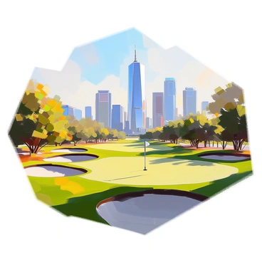 A golf hole is positioned amid an urban landscape, showcasing a neatly manicured green with a flag gently fluttering at the hole. In the foreground, a sand trap and several bunkers are strategically placed, surrounded by vibrant patches of grass. The skyline is visible in the distance, dominated by tall skyscrapers that reflect the sunlight, creating a contrast with the lush greenery of the golf course. A few trees are scattered around the area, framing the scene and adding depth to the setting.