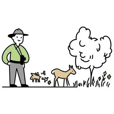 A ranger, wearing a green uniform and a wide-brimmed hat, stands quietly behind a cluster of trees. He is observing a family of deer grazing peacefully in a protected wildlife reserve. The deer, consisting of a doe and two fawns, are scattered across a patch of grass. The surrounding area is filled with tall grass, a few wildflowers, and gentle trees. Sunlight filters through the leaves, casting soft shadows on the ground. The ranger has a pair of binoculars hanging around his neck, and he remains still, captivated by the scene before him.