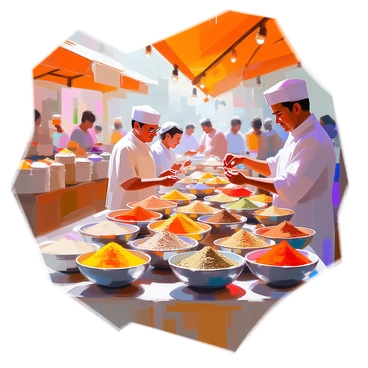 A vibrant spice market scene filled with an array of small bowls, each containing different types of spices. The bowls are arranged on a wooden table, showcasing colorful spices such as deep red paprika, bright yellow turmeric, and earthy brown cumin. Various herbs and blends are also present, adding to the rich palette. The market is bustling with people as they sample the spices, their expressions of curiosity and delight evident. In the background, stalls are adorned with sacks of spices and dried herbs, creating an inviting atmosphere. Sunlight filters through the awning, casting warm light on the vivid colors of the spices.