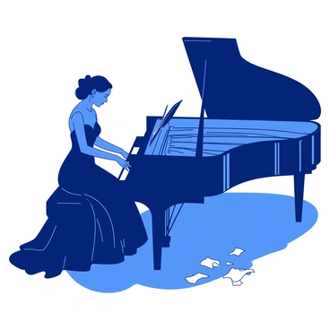 A blue woman dressed in an elegant black gown is playing a grand piano on a brightly lit stage. The grand piano is glossy and black, with its lid open, revealing the shining strings inside. Scattered around the piano are several sheets of white music paper, some partially crumpled, as if they have been hastily used. The woman's hair is styled in an elegant updo, and she appears focused on her performance. The stage has a subtle spotlight illuminating her, while the background remains dimly lit.