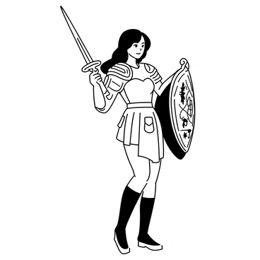 A woman standing confidently, representing Queen Esther as a warrior. She is wearing a detailed armor that showcases strength, with intricate patterns etched into the metal. In her right hand, she holds a sword, which is raised high, reflecting her determination. In her left hand, she grips a large shield, decorated with symbols of courage and resilience. Her hair flows down her back, and she has a fierce expression, embodying bravery and power. The background features a minimalistic design that accentuates her commanding presence.