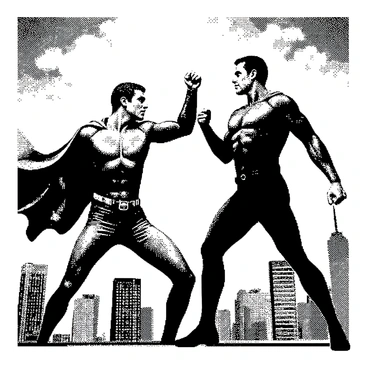 Two superheroes are locked in combat high above a city skyline. One superhero, wearing a sleek suit with a flowing cape, is about to unleash a powerful punch towards the other. The second superhero, with a muscular build and a determined expression, is preparing to counter with a defensive stance. Below them, the city is filled with tall buildings, their windows reflecting the struggle above. The sky is dotted with clouds, enhancing the dramatic atmosphere of the scene. Each superhero exhibits dynamic movements that suggest intense action and energy.