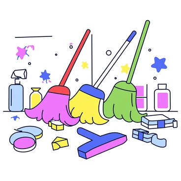 A group of colorful mops having a fun cleaning party in a bright, messy room