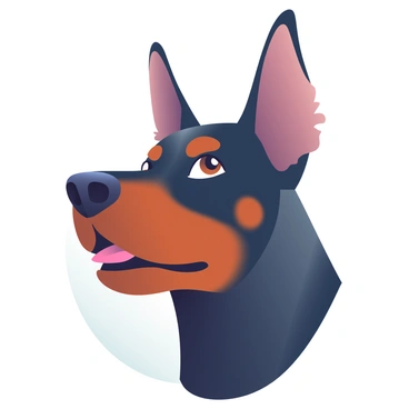 A close-up portrait of a doberman with a shiny black coat and brown markings is featured prominently in the image. The dog has large, alert ears that are standing upright, showcasing its attentive demeanor. Its expressive eyes are a deep brown, reflecting intelligence and curiosity. The background is softly blurred to emphasize the doberman's features. The dog's strong jawline and well-defined muzzle are highlighted, accentuating its noble appearance. There are subtle highlights on the fur, creating a sense of depth and texture.