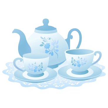 A fine china tea set is arranged elegantly on a lace doily. The set includes a teapot with a curved spout and a matching creamer and sugar bowl. Each piece is adorned with intricate blue flower designs, showcasing delicate petals and swirling vines. The cups, featuring elegant handles, rest beside their saucers, all maintaining a polished sheen. The background is softly blurred to enhance the focus on the tea set.