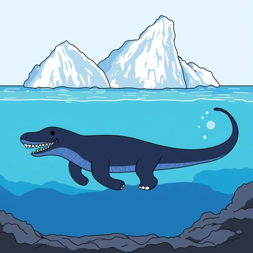 A large mosasaurus with a streamlined body and sharp teeth swims gracefully beneath towering icebergs in a vast Ice Age sea. The mosasaurus has dark blue scales with lighter blue patterns along its sides. Its long tail propels it through the water as its flippers extend outwards. Above the surface, massive icebergs are floating, casting long shadows on the water below. The sea is a deep blue with hints of turquoise, and the water is clear enough to see the rocky seabed. Bubbles trail behind the mosasaurus, adding a sense of movement to the scene.