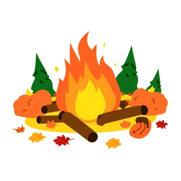 A large bonfire blazing brightly in the center of a backyard. The flames are vibrant shades of orange and yellow, creating a warm glow. Surrounding the bonfire, there are scattered colorful autumn leaves in shades of red, orange, and gold. The ground is covered with a mix of fallen leaves, adding to the seasonal atmosphere. In the background, there are silhouettes of tall trees with a few remaining green leaves, contrasting with the autumn foliage.