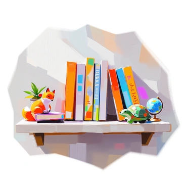 A whimsical bookshelf filled with a variety of illustrated books, showcasing vibrant and colorful covers. The books are arranged in a slightly haphazard manner, each spine displaying unique artwork. Quirky bookends in the shape of playful animals, such as a bright orange fox and a green turtle, support the books on either end. The shelf itself is a charming, weathered wood, adding character to the scene. Small decorative items, like a miniature globe and a tiny potted plant, are placed among the books, enhancing the whimsical atmosphere.