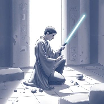 A Jedi wearing traditional robes is kneeling on the ground inside a dusty, ancient temple. The temple features crumbling stone walls adorned with intricate carvings and symbols of a long-lost civilization. Sunlight filters through cracks in the ceiling, illuminating scattered relics on the floor. The Jedi holds an ancient artifact in one hand, examining it closely, while a lightsaber is activated and rests beside them, casting a soft glow in the dim environment. Fragments of pottery and mysterious objects are scattered around, hinting at the history of the temple.