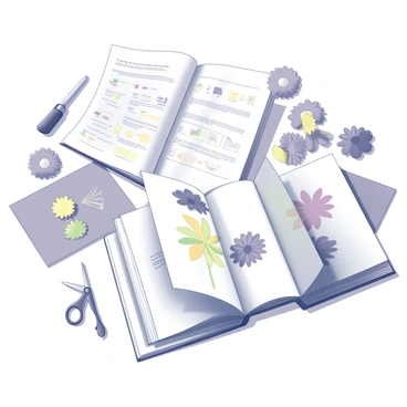 A workspace filled with various paper flowers in different stages of crafting. Scissors, glue, and colorful sheets of paper are scattered around. Beside them, there is an open book displaying detailed illustrations of several flower designs. Each page shows step-by-step instructions and diagrams on how to create paper flowers, with one page flipped back to reveal a large, vibrant flower illustration. The scene is arranged to highlight the creativity and process involved in making paper flowers.