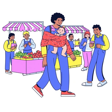 A bustling market scene filled with various stalls displaying fresh fruits and vegetables. A parent is walking through the market, wearing a colorful woven wrap that securely holds a baby. The wrap features vibrant patterns in shades of red, blue, and yellow. The parent has a smile on their face, and the baby peeks out curiously from the wrap. Surrounding them are other market-goers, engaged in browsing and purchasing items, creating a lively atmosphere.
